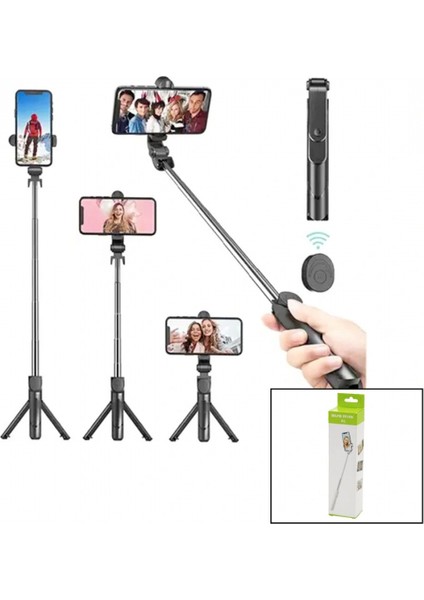 Siyah Selfi Çubuk - Tripod Ayaklı 57CM Uzayan-Kısalan Saplı + 10CM =67CM (5324)