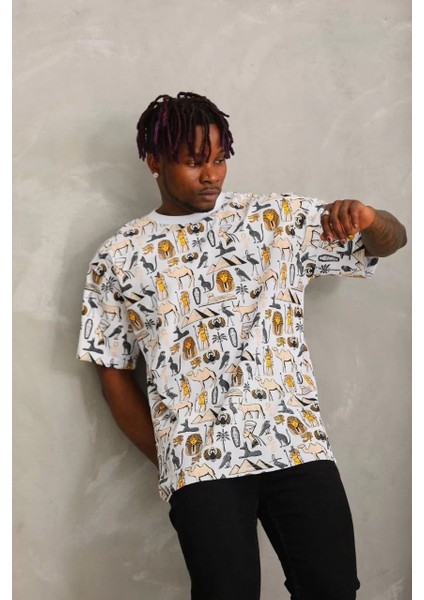 Unisex Oversize Baskılı Bisiklet Yaka T-Shirt - Beyaz fırsatları