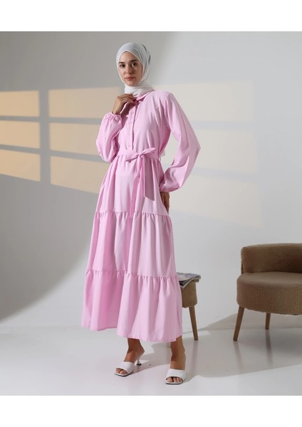 Kadın 100% Pamuk Viskon Desenli Pembe Tesettür Elbise