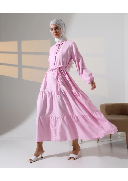 Kadın 100% Pamuk Viskon Desenli Pembe Tesettür Elbise indirimleri