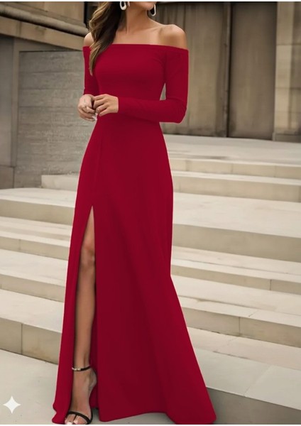 Kadın Uzun Kollu Madonna Yakalı Yırtmaç Detaylı Uzun Ithal Krep Elbise fırsatları