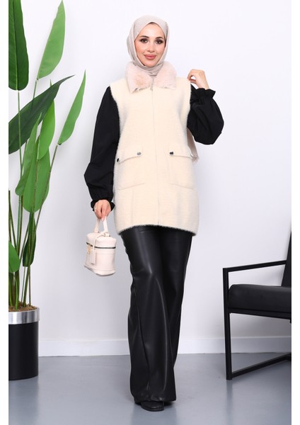 Krem Yaka Kürklü Cepli Triko Yelek fiyatları