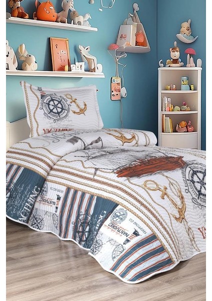 Gemici Baskılı Kapitoneli Tek Kişilik Yatak Örtüsü Mavi