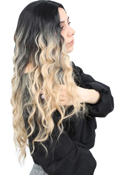 Su Dalgası Uzun Perçemsiz Fiber Sentetik Peruk - Siyah / Balköpüğü Ombreli fiyatları