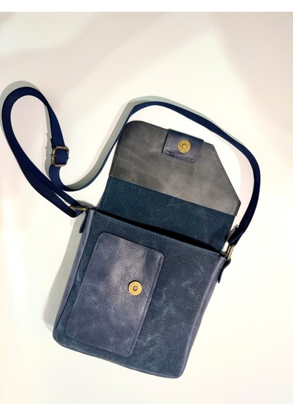 Natderi Hakiki Deri ve Kanvas Omuz Çantası | 20X21 cm | Ayarlanabilir Askılı, Ön Cepli Unisex Günlük Çanta