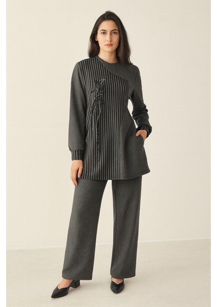 149-TP-M26K_R024 Çizgili Bambu Modal Tunik Pantolon Takım