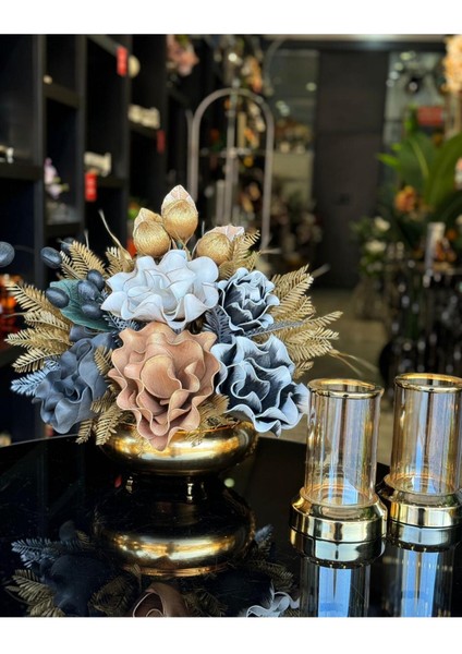 Yapay Çiçekli Gold Yassı Vazo 3 Parça Set No:13