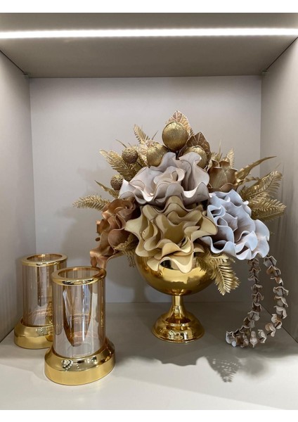 Yapay Çiçekli Gold Yuvarlak Vazo 3 Parça Set No:4