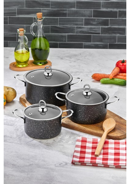Hilal Döküm Granit 3'lü Mini Tencere Seti 12-14-16 cm Kapaklı Siyah