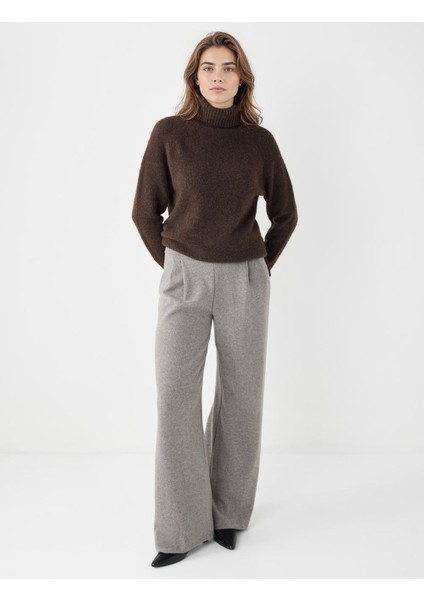 Antrasit Melanj Yüksek Bel Bol Paça Yumuşak Dokulu Örme Pantolon