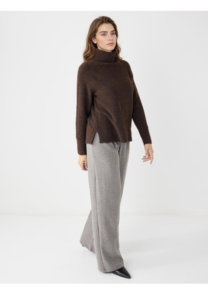 Antrasit Melanj Yüksek Bel Bol Paça Yumuşak Dokulu Örme Pantolon modelleri