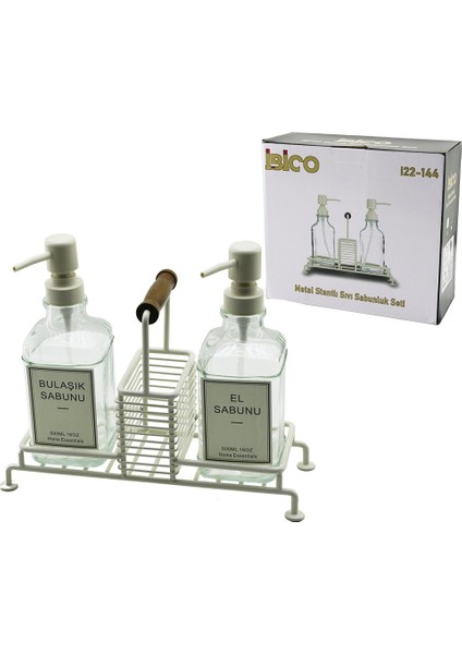 3 Pcs Metal Standlı - Cam Sıvı Sabunluk Seti Ahşap Tutmalı - Süngerlik (5224)