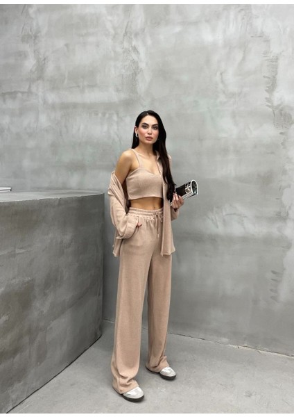 Kadın Üçlü Örgü Takım Gömlek Crop Pantolon Set