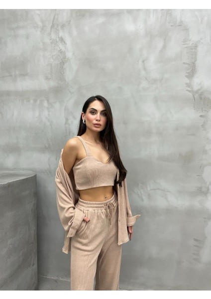 Kadın Üçlü Örgü Takım Gömlek Crop Pantolon Set fiyatları