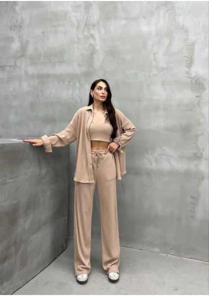 Kadın Üçlü Örgü Takım Gömlek Crop Pantolon Set modelleri