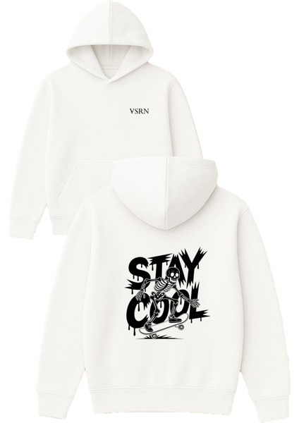 Stay Cool Tasarım Baskılı Oversize Beyaz Kapüşonlu Sweatshirt