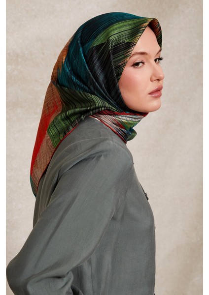 Kiremit Çizgi Desen Twill İpek Eşarp