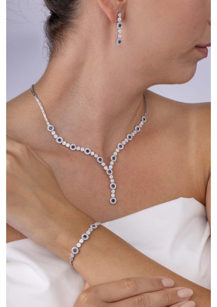 Safir Taşlı Su Yolu Pırlanta Montür Rodyum Kaplama Gümüş Düğün Seti fiyatları