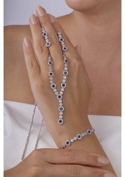 Safir Taşlı Su Yolu Pırlanta Montür Rodyum Kaplama Gümüş Düğün Seti modelleri