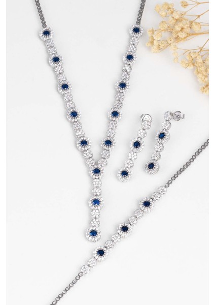 Safir Taşlı Su Yolu Pırlanta Montür Rodyum Kaplama Gümüş Düğün Seti fırsatları