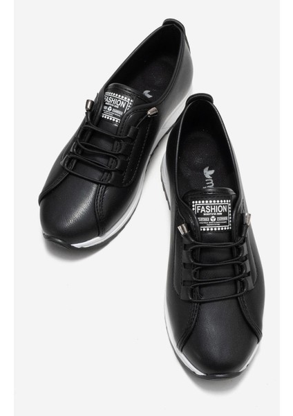 Yumuşak Tabanlı Lastik Bağcıklı Kadın Ayakkabı Siyah Cilt indirimleri