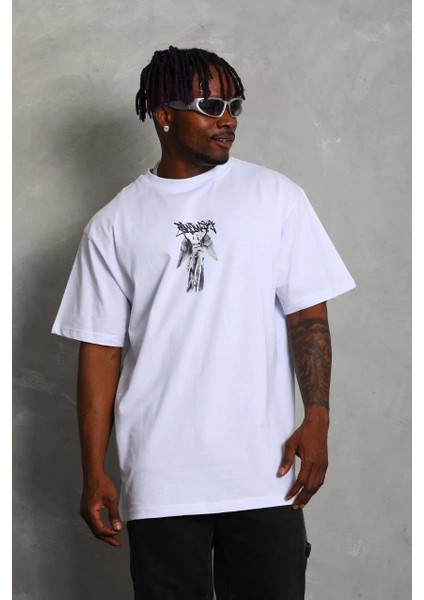 Unisex Oversize Baskılı Bisiklet Yaka T-Shirt - Beyaz fiyatları