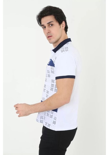 Erkek Yakalı Slim Fit Baskılı T-Shirt - Beyaz modelleri