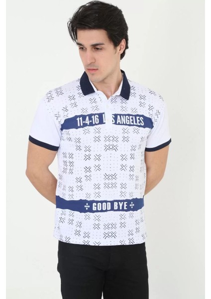 Erkek Yakalı Slim Fit Baskılı T-Shirt - Beyaz fırsatları