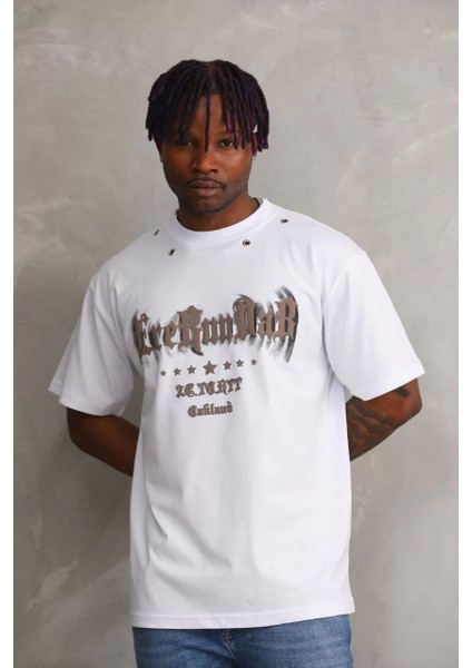 Unisex Kuşgözü Detaylı Baskılı Oversize T-Shirt - Beyaz fiyatları