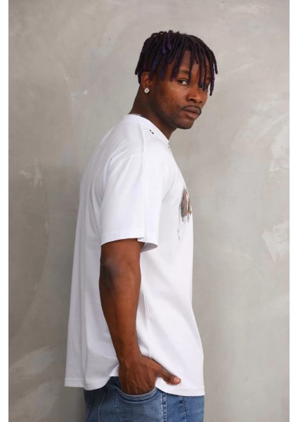 Unisex Kuşgözü Detaylı Baskılı Oversize T-Shirt - Beyaz fırsatları