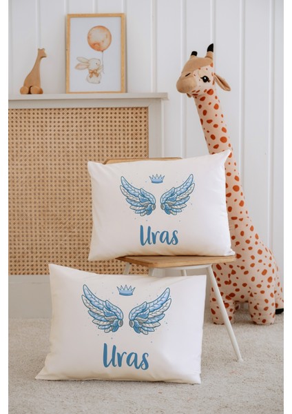 %100 Pamuk Isme Özel 2li Ekru Bebek Yastık Kılıfı 35X45 Cm-Mavi Kanat