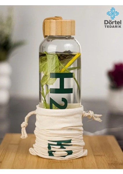 H2O Bambu Kapaklı Cam Matara Bez Kılıf Hediyeli 800 ml