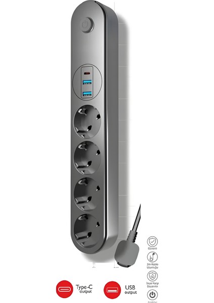 Termal Akım Korumalı USB ve Type-C 2.1A Şarj Çıkışlı 10A 2500W 4'lü Uzatma Grup Priz Siyah 2 M 3402