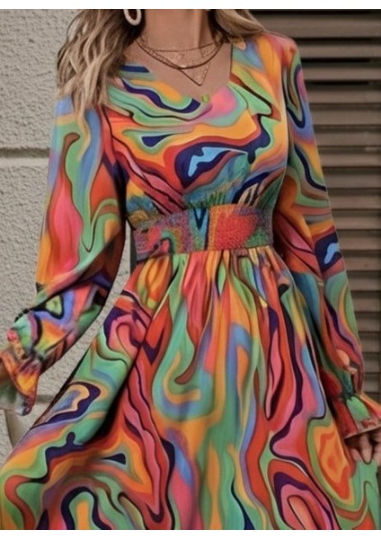 Kadın Uzun Kollu V Yakalı Desenli Maxi Süprem Elbise fiyatları