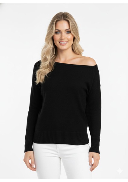 Kadın Siyah Tek Omuz Düşük Iki Yönlü Kullanılabilir Geniş Kol Detaylı Standart Beden Triko Kazak Siyah / Standart