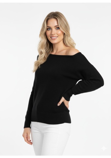 Kadın Siyah Tek Omuz Düşük Iki Yönlü Kullanılabilir Geniş Kol Detaylı Standart Beden Triko Kazak Siyah / Standart fiyatları