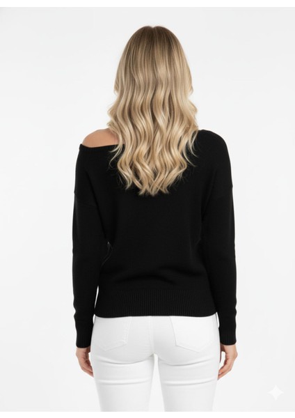 Kadın Siyah Tek Omuz Düşük Iki Yönlü Kullanılabilir Geniş Kol Detaylı Standart Beden Triko Kazak Siyah / Standart modelleri