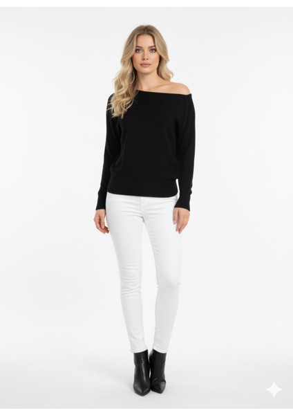 Kadın Siyah Tek Omuz Düşük Iki Yönlü Kullanılabilir Geniş Kol Detaylı Standart Beden Triko Kazak Siyah / Standart fırsatları