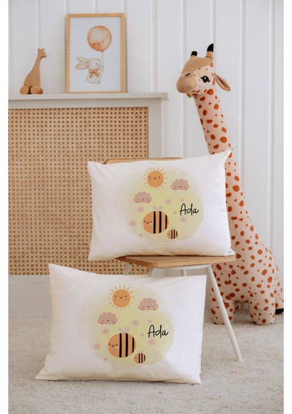 %100 Pamuk Isme Özel 2li Ekru Bebek Yastık Kılıfı 35X45 Cm-Bal Arısı