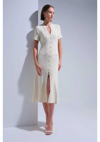 Kadın Düğme Detaylı Çan Midi Elbise - Ekru