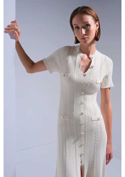 Kadın Düğme Detaylı Çan Midi Elbise - Ekru fiyatları