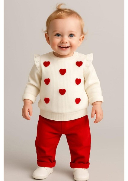 Kız Bebek/çocuk Love Kalp Nakışlı Omuzdan Çıtçıtlı Bebek Takımı 2li Alt Üst Mevsimlik Aylık 3-6-9-12