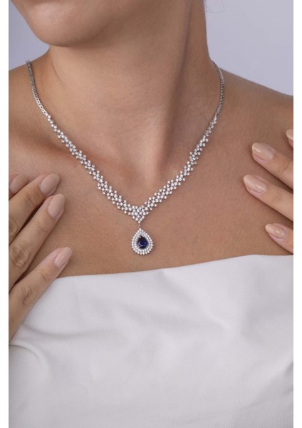 Hürrem Sultan Modeli Safir Taşllı Damla Motifli 925 Ayar Gümüş Kolye