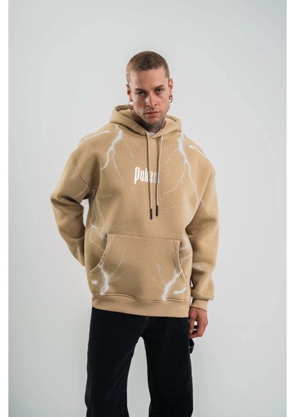 Double Oversize Kapşonlu Şimşek Pano Baskılı Sweatshirt - Bej