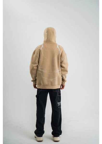 Double Oversize Kapşonlu Şimşek Pano Baskılı Sweatshirt - Bej fırsatları