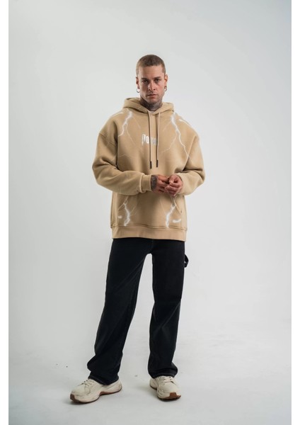 Double Oversize Kapşonlu Şimşek Pano Baskılı Sweatshirt - Bej indirimleri
