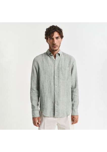 Erkek Yeşil Regular Fit Düğmeli Yaka Keten Gömlek