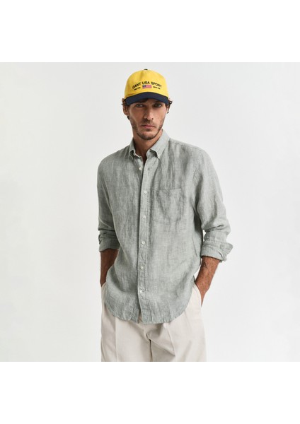 Erkek Yeşil Regular Fit Düğmeli Yaka Keten Gömlek fiyatları