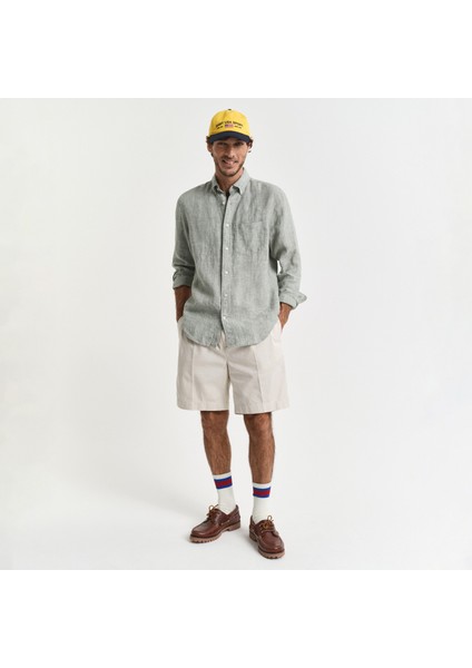 Erkek Yeşil Regular Fit Düğmeli Yaka Keten Gömlek fırsatları