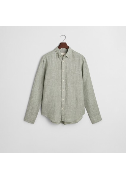 Erkek Yeşil Regular Fit Düğmeli Yaka Keten Gömlek indirimleri